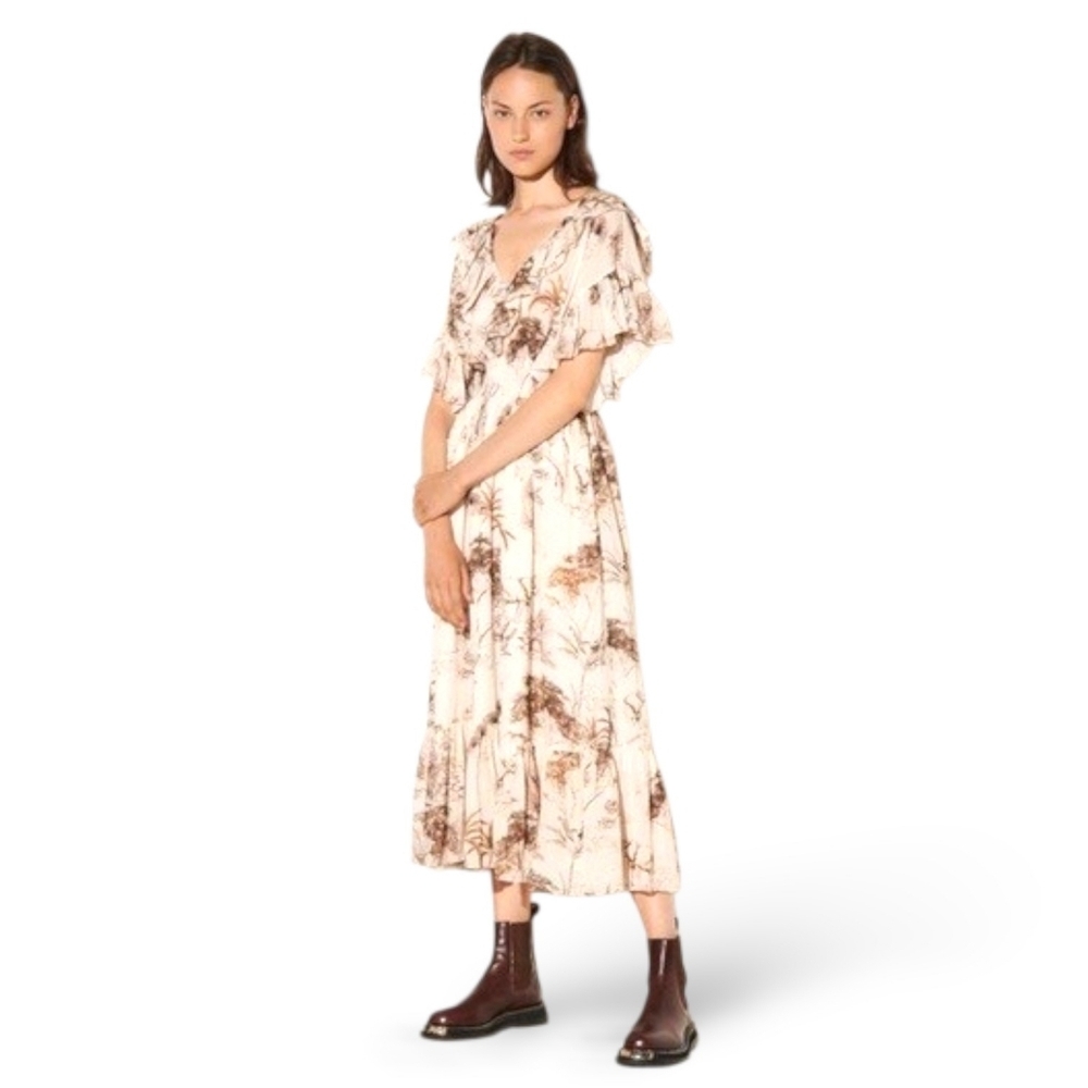 NWT $480 SANDRO Marro Ruffle Printed Midi Dress FR38 US 6 - Picture 3 of 8